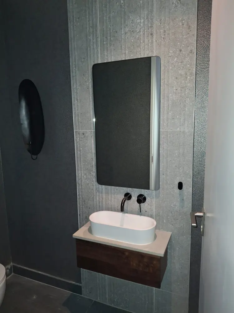 Guest cloakroom fit-out with a wall-hung vanity, counter-top basin and wall-mounted mixer